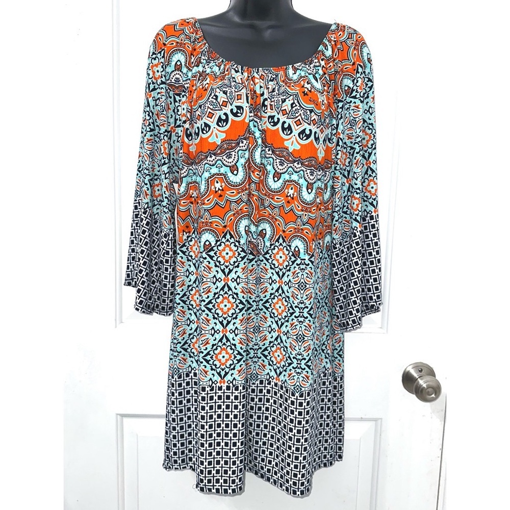 Pink Coconut Boutique blue & orange tunic top with bell sleeves